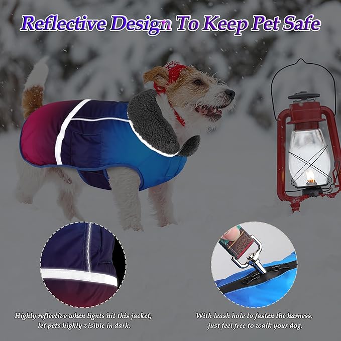 Dogcheer Warm Dog Coat, Waterproof Dog Winter Jacket Christmas Puppy Cold Weather Coats with Buckle, Reflective Adjustable Pet Snow Jacket for Small Medium Large Dogs - Gradient Blue-red, L