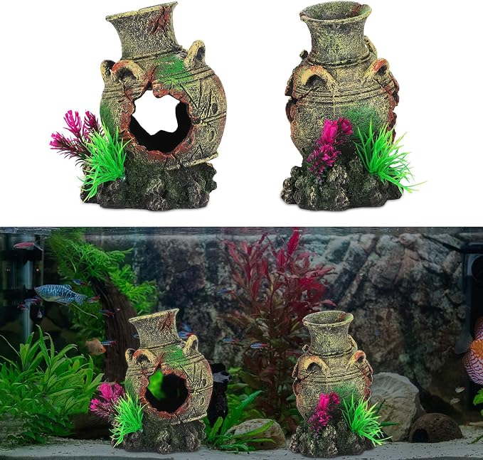 Aquarium Decorations Big Cave Fish Tank Large Vase Jar Jug Sunken Ornament Landscaping Rocks Saltwater Freshwater Small & Medium Fish Garden Pond Ornaments Resin