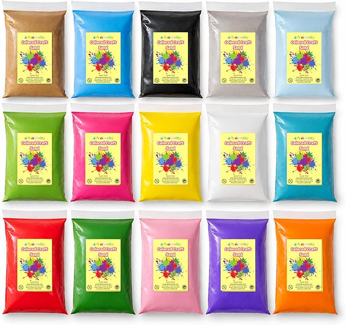 4E's Novelty 12 Lbs Colored Craft Sand -15 Colors, 0.8 lb Bags, Non-Toxic Fine Grain Decorative Sand Art for Kids Craft, Bottle & Vase Filler, Teachers Classroom Supplies