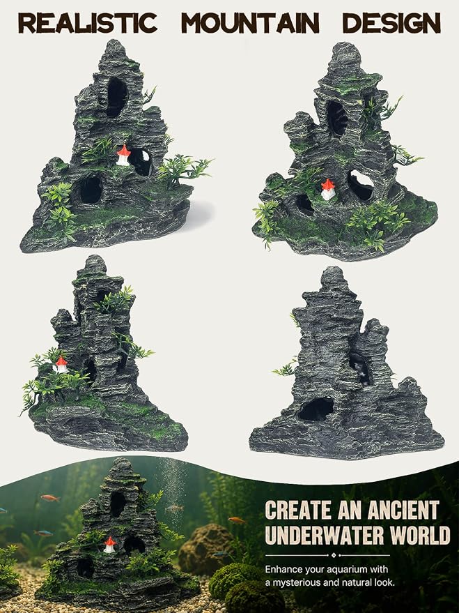Aquarium Decor - Tall and Large Mountain Rock Ornament for Fish Tank, Aquarium Hideout with Rock Texture for Betta, Guppy, Shrimp - Aquatic Hide Decoration, Fish Hiding House（Red Tower）