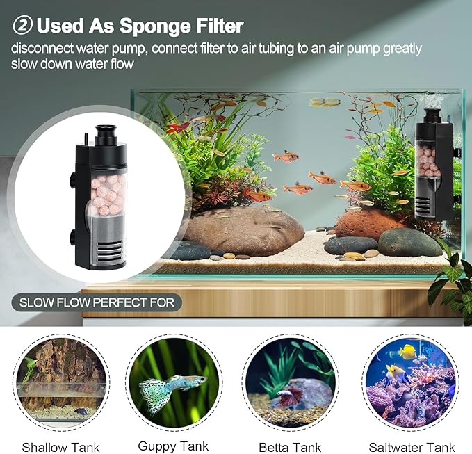 hygger Quiet Electric Aquarium Sponge Filter 10-40 Gallon Fish Tank Filter with Bio Balls Airtubing, Submersible Aquarium in-Tank Power Filter 7W 100 GPH