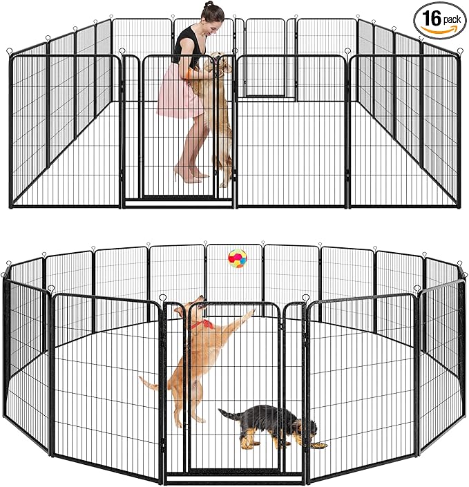 Kfvigoho Dog Playpen Outdoor Extra Wide 16 Piece Panels Heavy Duty Dog Fence 47" Height Anti-Rust with Doors Portable for RV Camping Yard, Total 42FT, 140 Sq.ft, Snowy Black