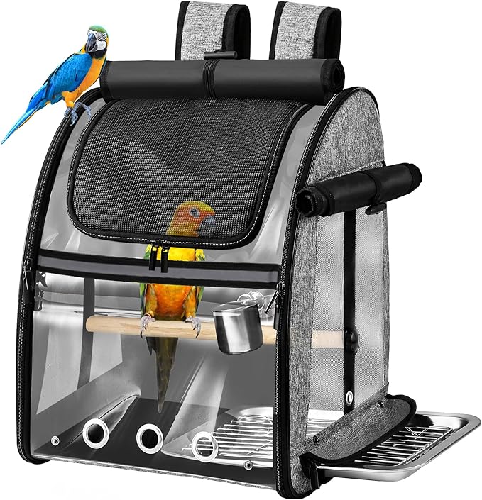 Bird Carrier Bag with Indestructible Stainless Steel Mesh, Bird Travel Cage with Stand, Easy to Clean Backpack for Parrot, Portable Bird Travel Bag, Grey