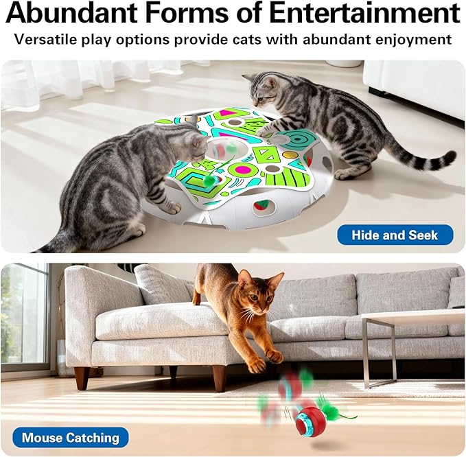 Sofolor Interactive Cat Toy Playset, Hide and Seek Toy with Motion Activate Cat Ball, 2 Kitten Toys Bell Ball, Exercise Toys for Indoor Bored Adult Cats