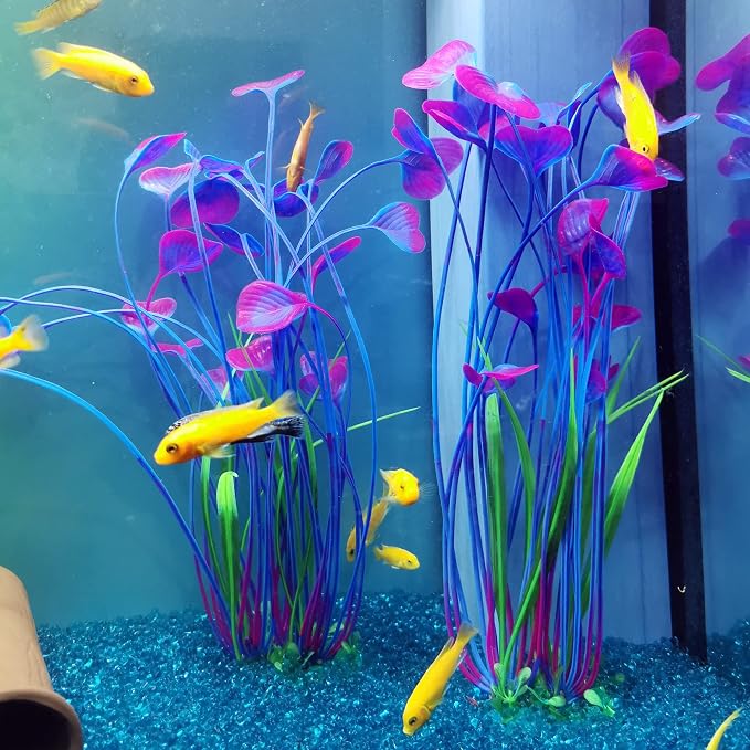 Fish Tank Decorations Aquarium Plastic Plants Large 16 inch 2Pcs | Artificial Plants Decoration Ornament Safe for All Fish- (Purple 2 pcs)