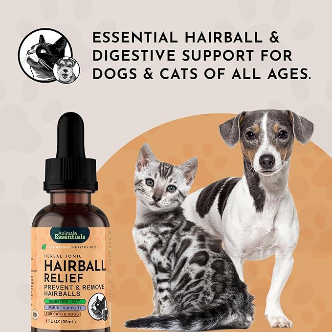 Animal Essentials Hairball Relief Formula - Hairball Treatment for Cats & Dogs, Natural Remedy with Marshmallow Root Extract, Hair Ball Relief for Cats & Kittens, Feline Support for Furball - 1 Fl Oz