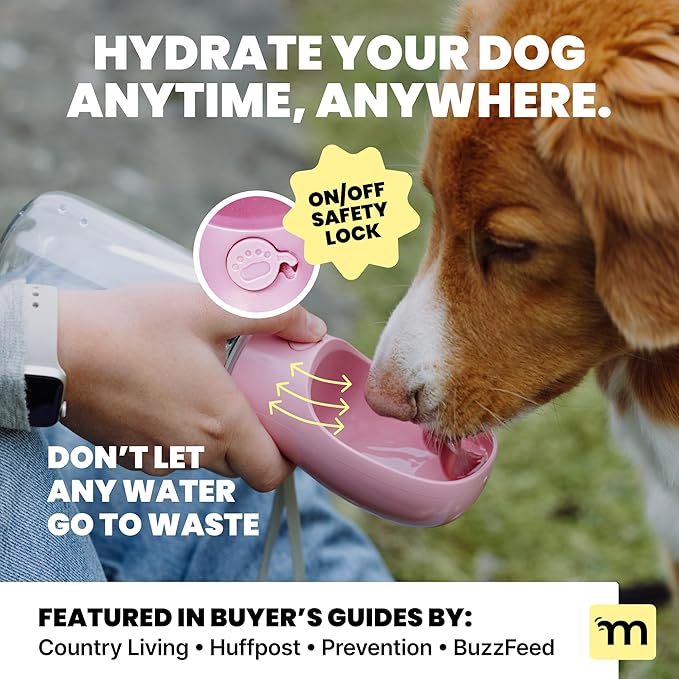 MalsiPree Leak-Proof Portable Dog Water Bottle for Travel - 19 oz, with Pink Bowl - Food Grade Plastic - Dog Bowls - Puppy Essentials - Pet Water Bottle for Trail Hiking, Park Visit & Beach Days