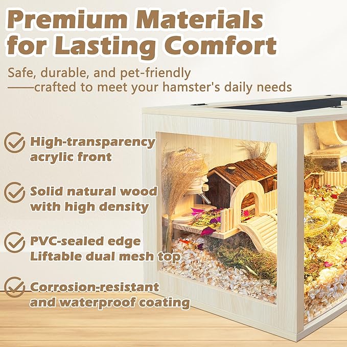 Prolee Hamster Cage Chew Proof Wood, Hamsters Enclosure Openable Top with Curved Design,Waterproof Small Animals Cage with Acrylic Sheets for Gerbils,Hamster Habitat(24 Inches)