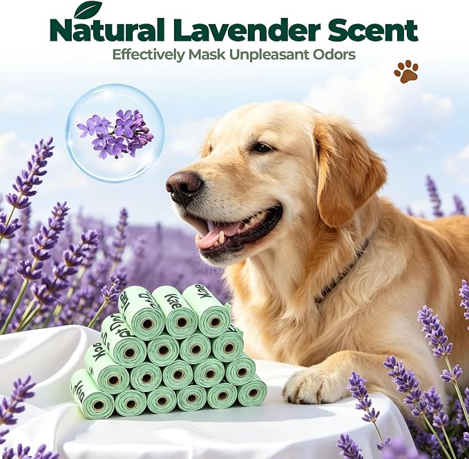 Certified Compostable Dog Poop Waste Bags-ASTM D6400&EN 13432 Compliant-270 Total Count,lavender fragrance Leakproof Dog Refill Rolls,15 Plant Based Compostable Poop Bags Per Roll (18 rolls)