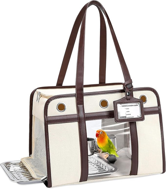 Sanmoncare Stylish Bird Carrier with PU Leather Handle, Portable Travel Cage for Cockatiels & Conures, Lightweight Parrot Bag with Stainless Steel Tray, Vet Visit, White