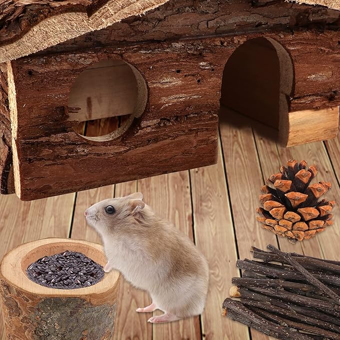 ZALALOVA Hamster-Chew-Toys Pet Activity Structure, 17 Pack Wooden Accessories with House, Food Bowl, Activity Toys for Mouse, Rats, Gerbils, Small Birds