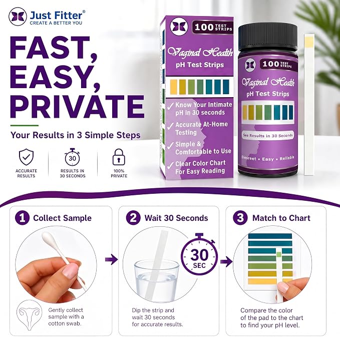 Just Fitter Vaginal pH Balance Test Strips. Personal Wellness Kit for Women. Supports Feminine Hygiene, Body Balance Awareness, and Everyday Confidence – 80 + 20 Strips