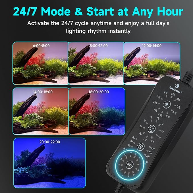 fishkeeper LED Aquarium Light, 24/7 Mode Fish Tank Light with One Touch | Full Spectrum Aquarium Light for Plant, IP68 Waterproof, Adjustable 10 Brightness 10 Colors 6 Timer, for 30-40 Inch Tank