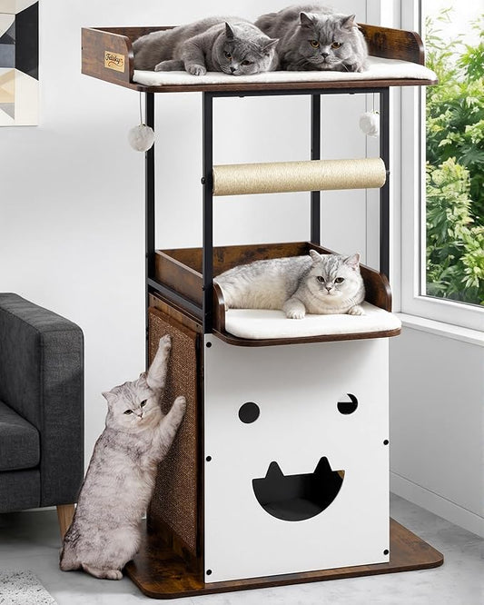 Wood Modern Cat Tree Tower for Indoor Large Cats, 48-Inch Tall Wooden Cat Trees with Big Perch Bed, Multi-Level Condo with Scratching Board Posts, Removable Pads, Cat Furniture, Rustic Brown