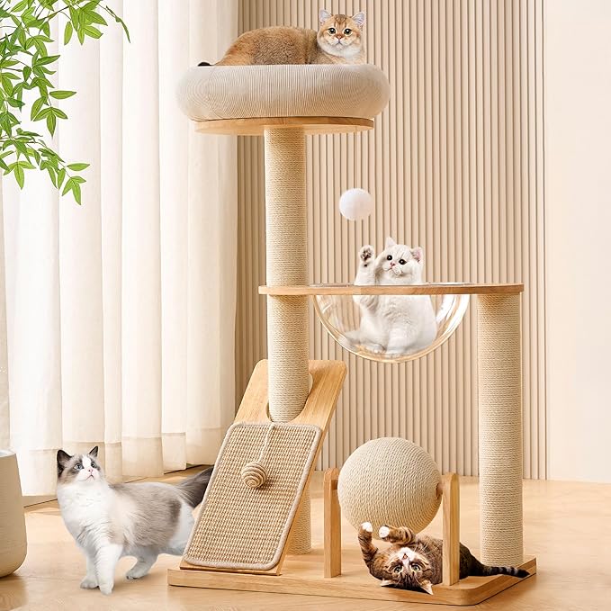 HITTITE Solid Wood Cat Tree Tower with Scratching Post, 37.8 Inches Tall Cat Towers with Scratching Board and Scratcher Ball, Modern Cat Tower With Space Capsule and Removable Top Bed for Indoor Cats.