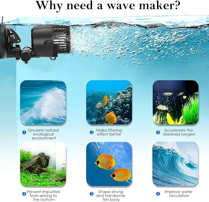 AQQA Double Head Aquarium Wave Maker,Ultra Quiet Fish Tank Powerhead Pump | 360° &180°Adjustable Submersible Circulation Pump with Suction Cups for 15-152 Gallon Freshwater & Saltwater Tank,8W 1585 GPH