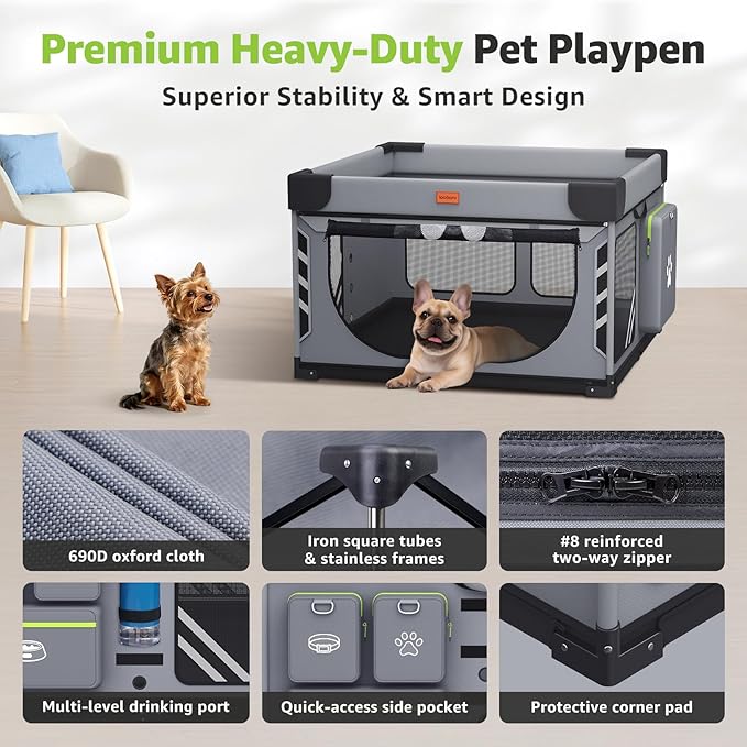 Loobani Foldable Dog Playpen Indoor/Outdoor,1 Min Setup Whelping Box, 690D Oxford Fabric & Reinforced Steel/Iron Frame, Portable Puppy Playpen with Rugged Carry Bag for Home &Travel-43.3"x43.3"x27.1"