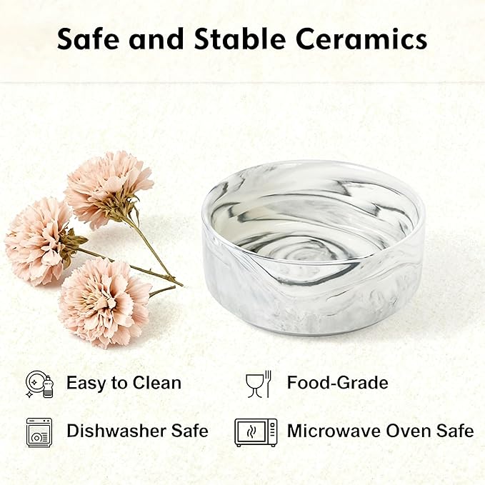 Elevated/Raised Ceramic Dog Bowl with Bamboo Stand,Marble Pattern 6 Inch 3.6 Cups Non Slip Heavy Weighted Single Pet Dish, for Small Medium Breed & Cats,Reduces Neck Strain Marble Grey