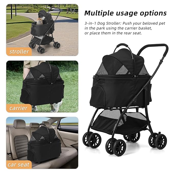 Pet Stroller Quickly Folds for Easy Storage Cat Stroller with Detachable Carrier Thickened Oxford Cloth Breathable Basket Dog Strollers for Small Dogs (Black)
