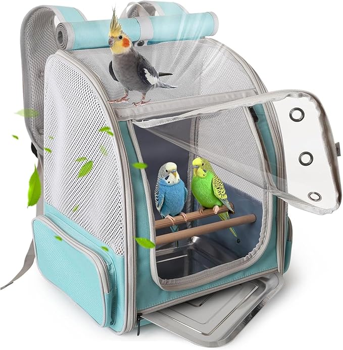 halinfer Bird Backpack Carrier Cage, Front Zipper Opening Portable Bird Travel Bag with Standing Perches and Metal Tray, Vented Carry Transport Carrier for Parakeet, Budgie, Conure, Cockatiel, Parrot