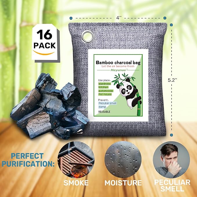 Activated Charcoal Odor Absorber for Strong Odor, Basement, Cars, Closets, Shoes, Smoke. 16 Pack Bamboo Charcoal Air Purifying Bags Deodorizer Odor Eliminator for Home