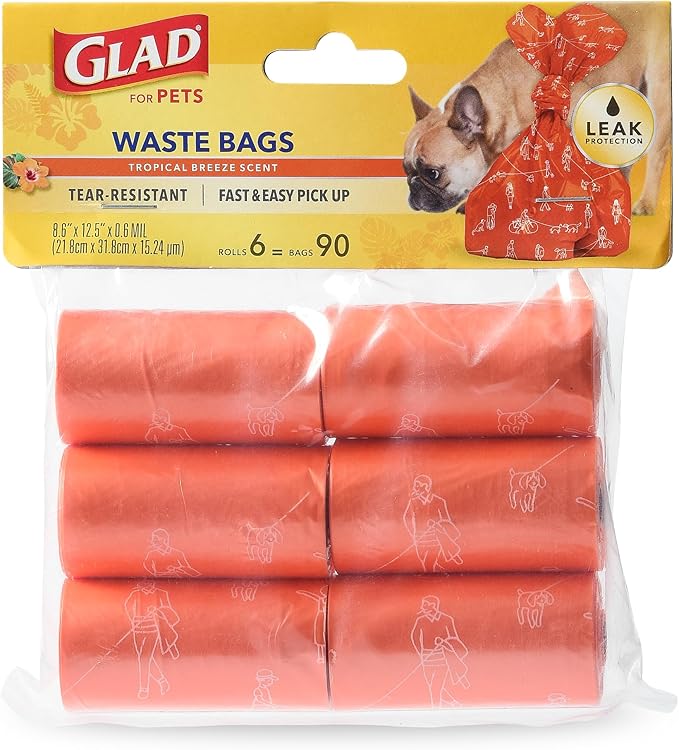 Glad for Pets Heavy Duty Dog Poop Bags, Scented Leak-Resistant Waste Bags with Fun Print Design, Tear-Resistant for Confident Pickup, Fits Standard Dispensers, 6 Rolls, 90 Count - 6 Pack