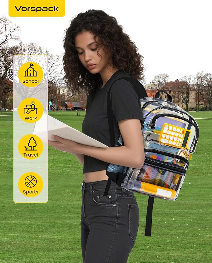 Vorspack Clear Backpack for School - Heavy Duty See Through Bookbag for Girls Boys Large Transparent Backpacks for Work, Travel - Black