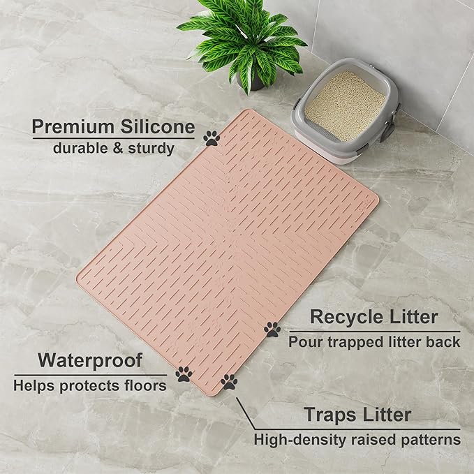 OHMO Cat Litter Mat XXL Trapping Mat Premium Silicone Rubber 37.5x25.2 Coral, Waterproof and BPA Free Kitty Litter Box Mat, Easy to Clean and Keeps the Floor Tidy