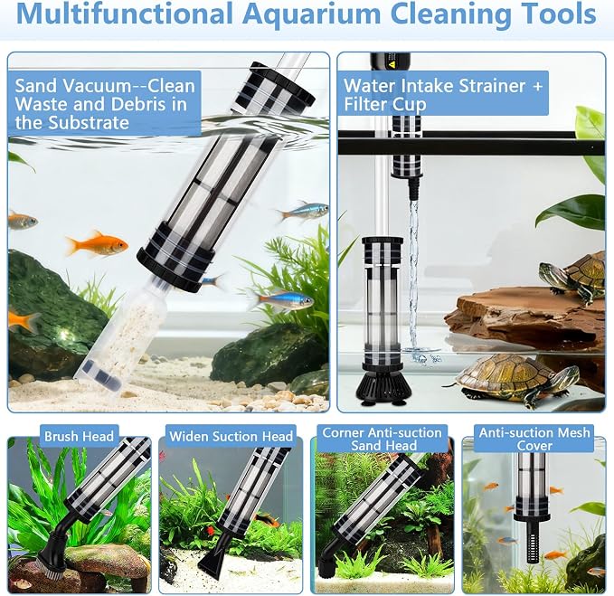 AQQA Upgraded DC 18W Electric Aquarium Vacuum Gravel Cleaner | Anti-Clog Pre-Filter Design, 7-in-1 Multifunctional, Dirt Removal, Water Change, Sand Washing, Turtle Shower