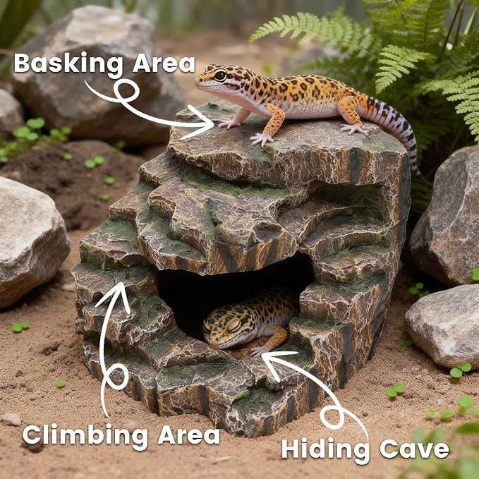 Large Reptile Hide and Basking Platform, Resin Rock Cave for Geckos, Frogs, Turtles and Lizards