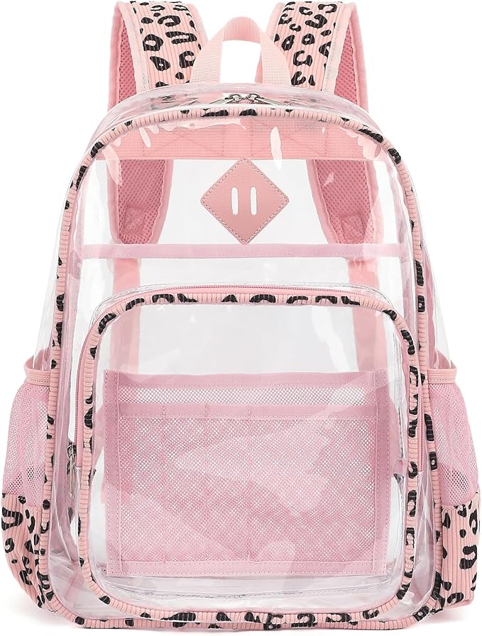 Clear Backpack for Girls Women School Bookbag Heavy Duty Transparent Backpacks (Pink Corduroy Leopard)