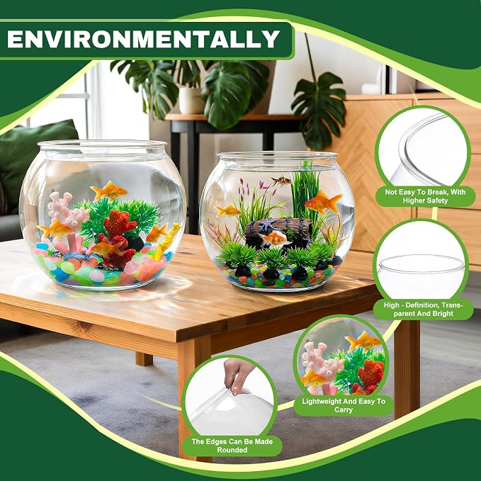 Cinnvoice 521 Pcs Plastic Fish Bowls Starter Kit, 1.5 Gallon & 0.27 Gallon Round Shatterproof Aquarium with Luminous Stones, Artificial Plants, Decor for Betta Goldfish, Small Fish Tank for Office