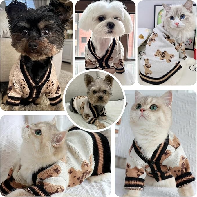 ABRRLO Small Dog Sweaters Cute Bear Dog Cardigans Clothes for Small Medium Dogs Boy Girl Puppy Cat Knitting Cardigan Outfits Dogs Winter Coats Warm Pet Doggy Clothes Soft Knitwear (Beige, Small)