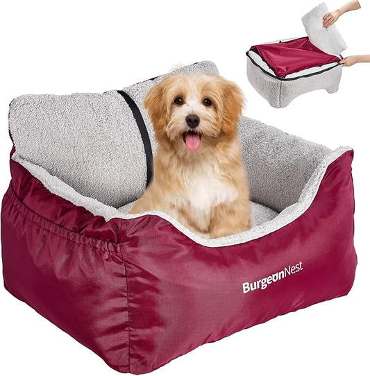 BurgeonNest Dog Car Seat for Small Dogs, Fully Detachable and Washable Cat Carseats Under 25 lbs, Soft Pet Booster Seats with Storage Pockets Clip-On Leash Portable Travel Carrier Bed, Red
