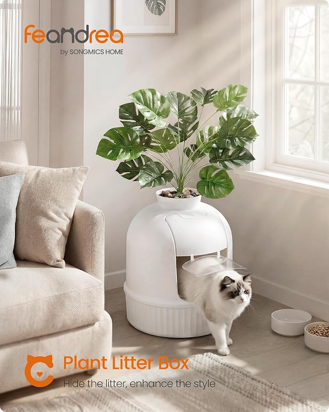 Feandrea Plant Cat Litter Box Enclosure with Artificial Plant, Enclosed Hidden Litter Box Furniture with Door, Carbon Filter, Odor Control, Pebbles, Scoop, Brush, Cloud White UPPT006W101