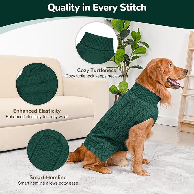 2 Pack Dog Sweaters for Large Dogs Winter Turtleneck Pullover Cable Knit Fleece Stretch Pitbull Labrador Golden Retriever Doberman Bulldog Boy Girl Pet Clothes (XXL, Green & Brown)