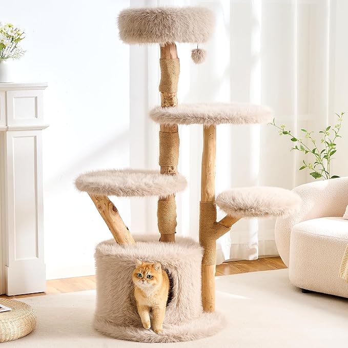 HITTITE Natural Wood Cat Tree Tower with Scratching Post, 56.8 Inches Tall Modern Cat Tower with Cozy Bed and Condo, Luxury Real Branch Cat Tree for Indoor Cats Large Adult, Khaki.