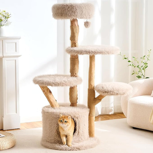 HITTITE Natural Wood Cat Tree Tower with Scratching Post, 56.8 Inches Tall Modern Cat Tower with Cozy Bed and Condo, Luxury Real Branch Cat Tree for Indoor Cats Large Adult, Khaki.