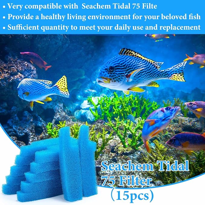 Threlaco 15 Pcs Aquarium Sponge Foam Filter Pads Compatible with Seachem Tidal Replacement Polishing Pad Fish Tank Filter Floss, Media for Crystal Clear Water(Compatible with Seachem Tidal 75,Blue)