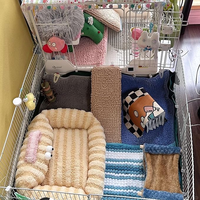 Oncpcare Rabbit Cage Liner 2 Pack – Washable Fleece Bedding Mats for Guinea Pig, Bunny, Ferret, Chinchilla, Rat | Soft Reusable Small Animal Pads (Beige)