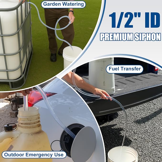 2 Pack 10FT Shaker Siphon Hose, 1/2" Gas Siphon Pump for Fuel Transfer | Self-Priming Copper Valves, Reusable PVC Hoses for Gasoline, Diesel and Water Transfer, for Gas Cans, Boats and Equipment