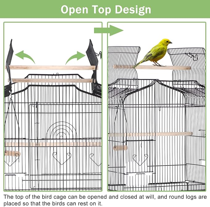 64 inch Bird Cage, Wrought Iron Parakeet Cage Bird Cages for Cockatiels, Medium Small Parrots, Conures, Lovebirds, Budgies, Finches, Detachable Rolling Stand & Play Open Top & Storage Shelf, Black