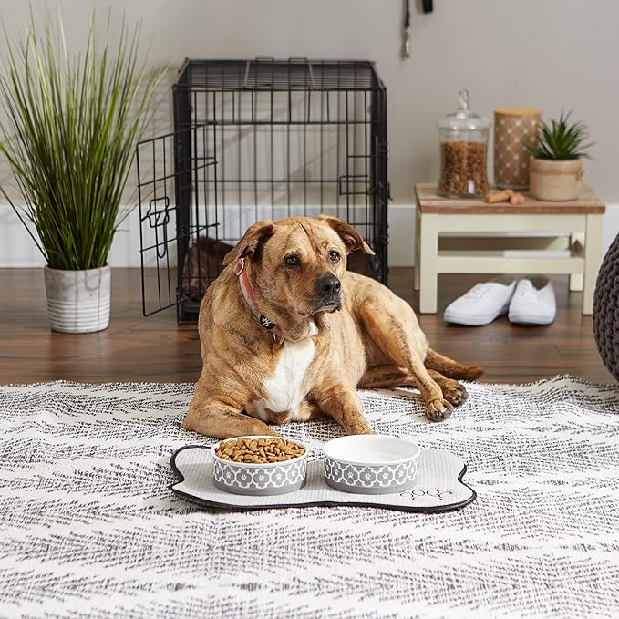 Bone Dry Paw Print Ceramic Pet Bowl, Lattice Collection, Medium Set, 6x2", Gray, 2 Count