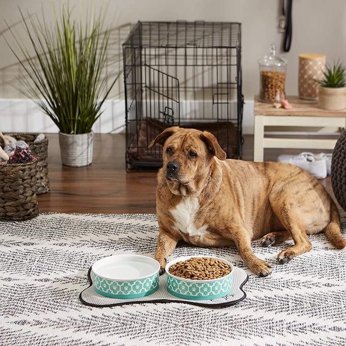 Bone Dry Paw Print Ceramic Pet Bowl, Lattice Collection, Large Set, 7.5x2.4", Aqua, 2 Count