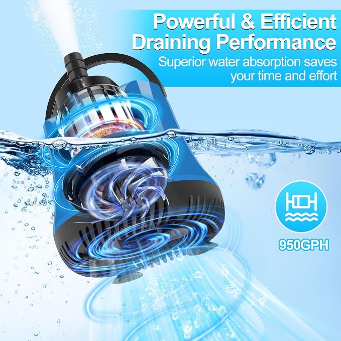 Submersible Water Pump,Adjustable Flow Sump Pump,Water Removal Pump | Electric Pool Cover Pump Above Ground,Portable Water Pump for Pool Draining with 10ft Drainage Hose,3 Adapters,950GPH
