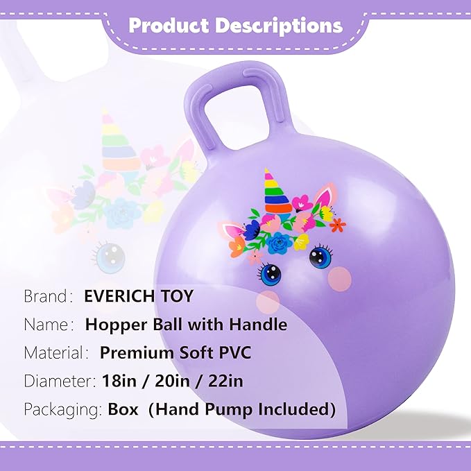 Hopper Ball, Unicorn Hopping Toys for Kids, 18 Inch Bouncy Ball with Handle, Purple Inflatable Bouncing Hoppity Hop Toys for Boys and Girls Gifts