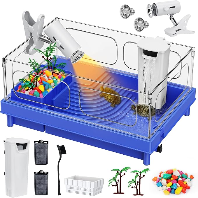 Small Turtle Tank Kit with Light and Filter for Baby Turtles | Blue Clear-Panel Habitat, with Basking Platform, Easy-Clean Starter Aquarium with Bottom Drain