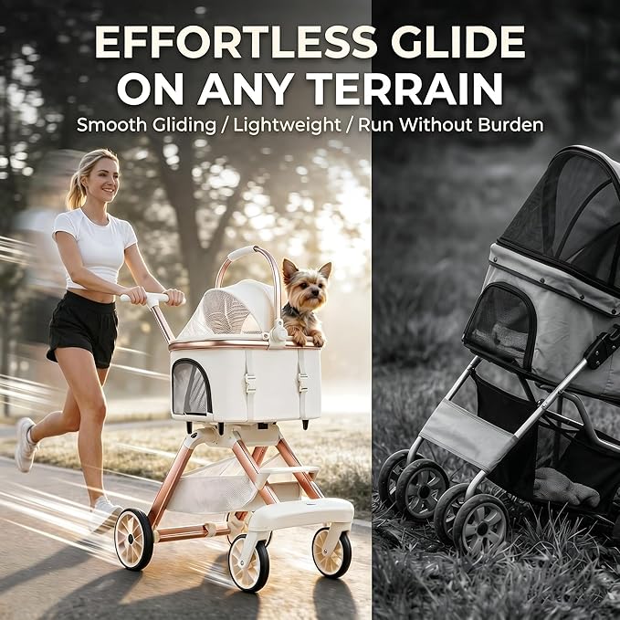 All-Terrain Pet Stroller for Small Medium Dogs & Cats, 20 lbs Capacity - Portable Carrier with One-Touch Brake, Lightweight Foldable Design & Shock Absorption Wheels,Khaki