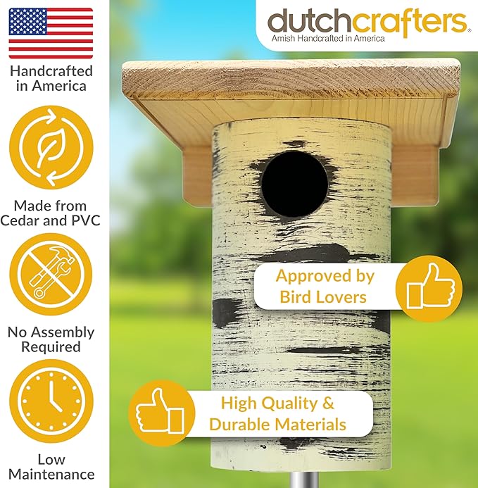DutchCrafters Cedar Wood Pole Mount Gilbertson Bluebird House with Removable Base, Weatherproof Wooden Birdhouse Blue Bird Nesting Box for Outdoors