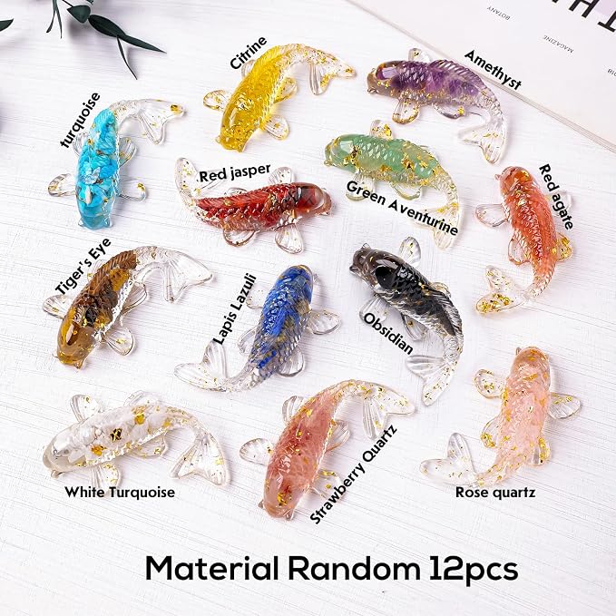 12pcs Goldfish Crystal Stone Resin Decor for Home Fishes Statue Balancing Chakra Reiki Healing Crystal Statue Fishbowl Decoration Home Office Desktop Decoration Gift for Women Men